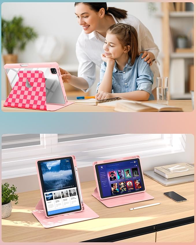 Uppuppy for iPad Pro 12.9 Case Folio Cover with Pencil Holder Girls Cute Women Kids Girly Checkered Design Pretty Aesthetic Rotating Stand for Apple iPad Pro 12.9 Inch Cases 2022/2021/2020/2018