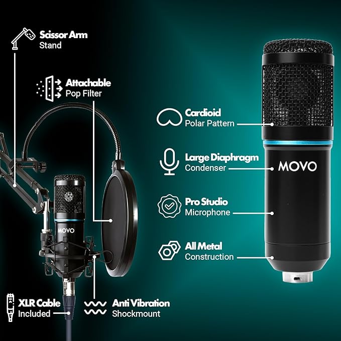 Movo PodPak Podcast Equipment Bundle with XLR Condenser Microphone, Articulating Scissor Arm, and Pop Filter - XLR Mic for Podcasting, Streaming, YouTube, Music, ASMR - Content Creator Studio Mic