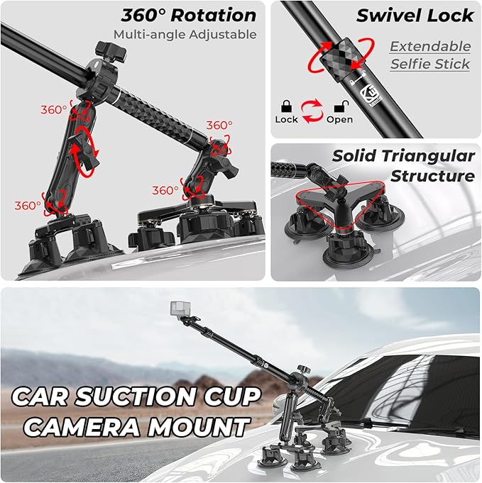 VAZESWIN Suction Cup Car Mount - Aluminum Alloy Extendable Selfie Stick, Five 3.5" Large Suction Cup Car Windshield Camera Mount with Tripod Adapter Compatible with GoPro Insta360 DJI Action Cameras