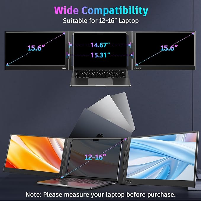 QQH Laptop Screen Extender, 15.6" Triple Portable Monitor with Ultra-Slim FHD IPS Display, One Cable USB-C Monitor Extender Compatible with MacOS, Windows, Android for 12-16" Laptop (Driver Need)