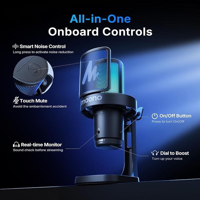 MAONO DGM20W Wireless Microphone for PC, Condenser USB Mic for Gaming Streaming with Noise Cancellation & Quick Mute,Gain Control,RGB,Software, Computer Desktop Mic for PS5 Twitch Discord