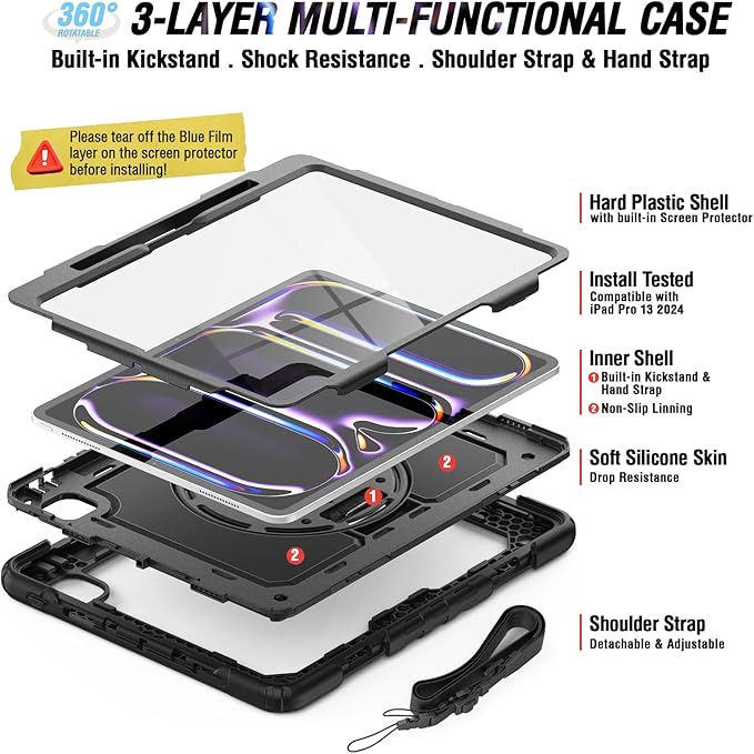 Case for iPad Pro 13 Inch with Screen Protector Pen Holder | Case Compatible with iPad Pro 7th Generation Supports Apple Pencil Charge | Shockproof Silicone Protective Cover W/Shoulder Strap