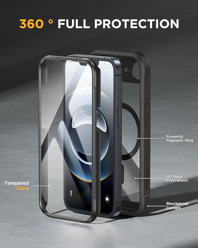 Miracase for iPhone 17e Case & iPhone 16e Case, Full-Body Phone with Built-in Glass Screen Protector, [Magnetic with MagSafe] Military Drop Proof 17 E/ 16 E Cover Bumper 6.1 inch, Black