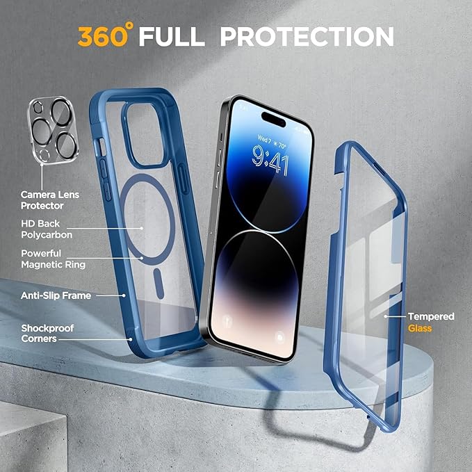 Miracase Magnetic for iPhone 14 Pro Case 6.1 inch, (Compatible with MagSafe) Upgrade Full-Body Clear Phone Bumper Case with Built-in 9H Tempered Glass Screen Protector, Magnetic Capri Blue