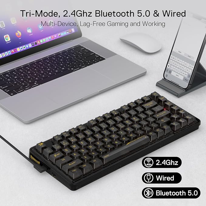 Redragon K649 PRO 78% Wireless Gasket RGB Gaming Keyboard, 3-Modes 82 Keys Full-Transparent Mechanical Keyboard w/Hot-Swap Socket, Noise Dampening Layer x 5, Translucent Custom Switch
