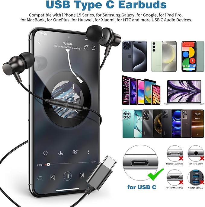 COOYA USB C Headphones Type C Wired Earbuds for iPhone 17 16 Pro 15 iPad 10 Air 6 Pixel 10 9 Magnetic Bass Noise Canceling in-Ear Earphones+Mic for Samsung Galaxy S26 S25 Ultra A16 S23 for OnePlus 13