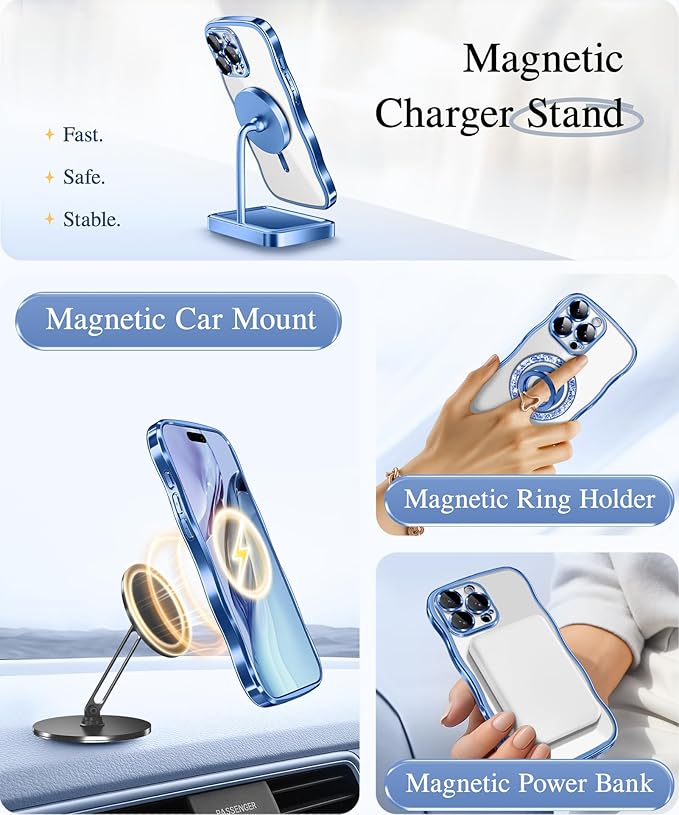 GVIEWIN for iPhone 16 Pro Max Case Compatible with MagSafe, Upgraded [Full Camera Protection][Cute Wave Frame][Military Grade Protection] Electroplated Soft Phone Cover for Women, Clear/Light Blue