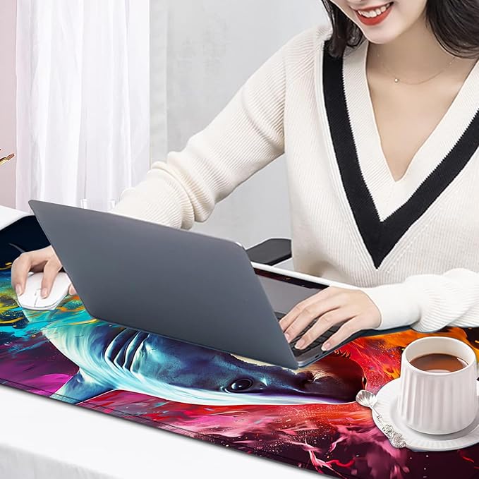 Large Mouse Pad, 31.5 x 11.8in Extended Gaming Mouse Pad with Stitched Edges, XXL Mousepad Protector Non Slip Rubber Base for Office and Home Writing Mat, Watercolor Sharks Pattern Black Desk Mat