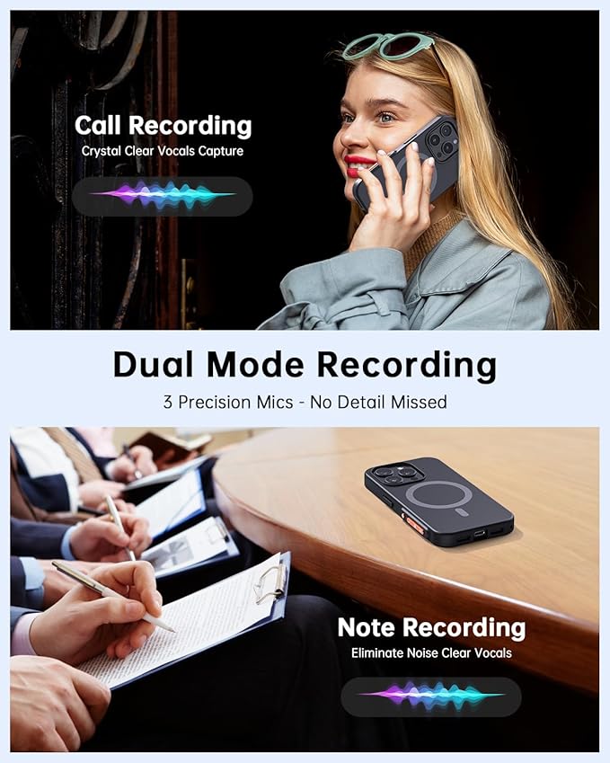 Yorlu AI Voice Recorder, AI Recorder Phone Case with Transcribe＆Summarize, AI Noise Cancellation, Support 80+ Languages, Record Anytime Anywhere for Meetings, Work, Lectures