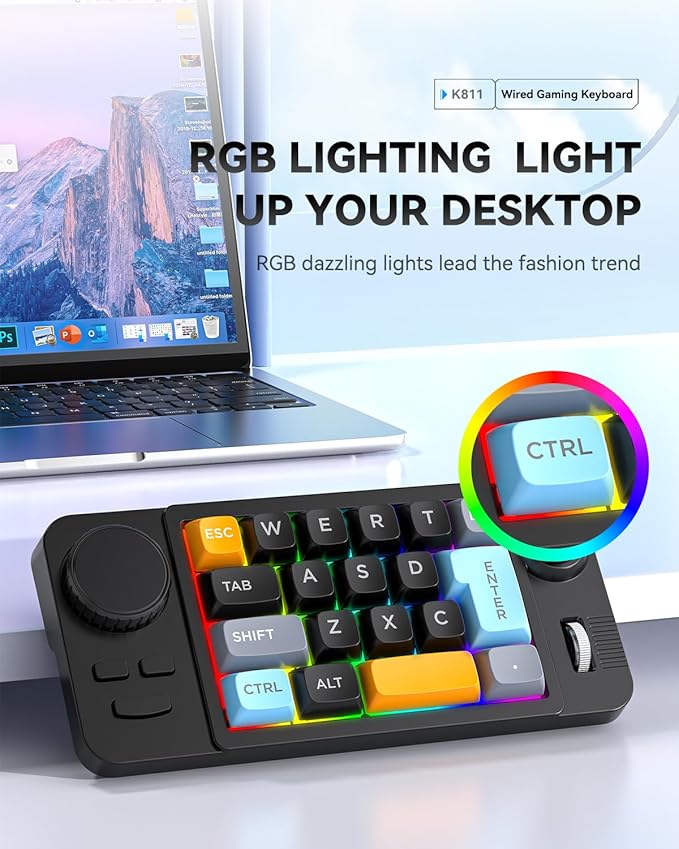 19-Key mini Mechanical Office/Gaming Keypad, Hot-Swappable Keys, Macro Programmable, RGB Backlit, Type-C Wired, With rollers, joystick, and dial for PC/window/Laptop and desktop computer (Yellow)
