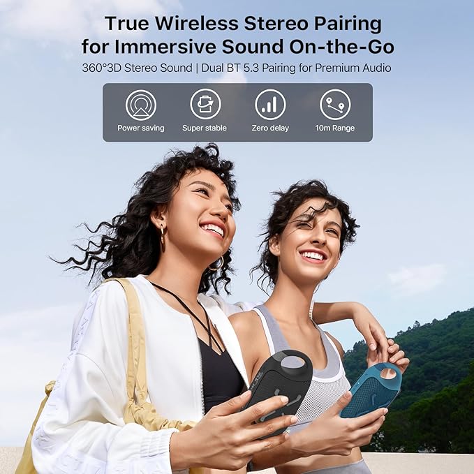 JUOVI Clip Wireless Portable Bluetooth Speaker, 24H Playtime Mini Shower Speaker IP68 Waterproof & Dustproof HD Sound Integrated Carabiner, for Home Outdoor and Travel