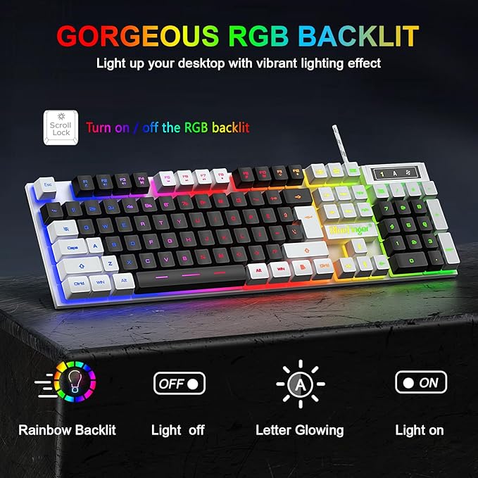 BlueFinger RGB Gaming Keyboard and Backlit Mouse Combo, USB Wired, LED Gaming Set for Laptop PC Computer Game and Work (White & Black)