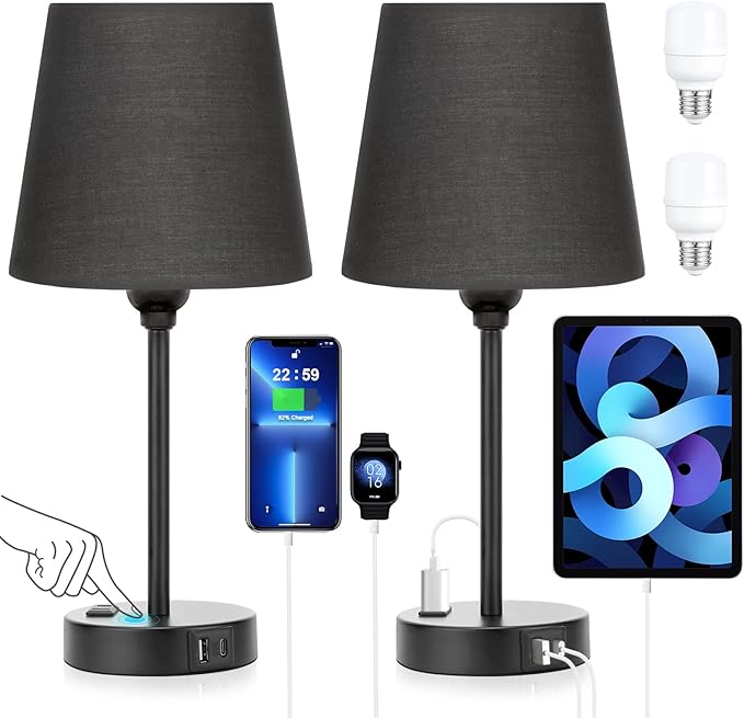Black Lamp for bedrooms Set of 2 - Nightstand Bedroom Lamp with USB C Port and AC Outlet Charging, 3 Way Dimmable Touch Control Bed Side Table Lamp, Small Night Stand Light for Men/Kids