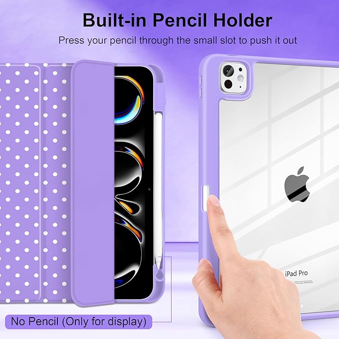 Case for iPad Pro 11 Inch (M5 2025 M4 2024) – [Built-in Pencil Holder], Shockproof & Stylish, Clear Hard Back + Soft TPU Edge, Magnetic Trifold Stand, Auto Wake/Sleep, Purple White dot