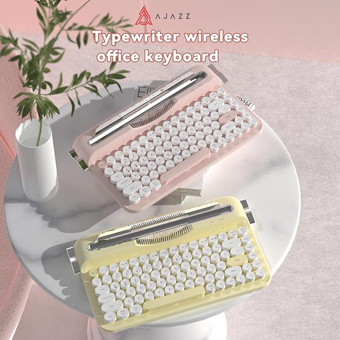 Ajazz AF84 Wireless Membrane Silent Typewriter Keyboard, Bluetooth/2.4G Dual-Mode Connection, Cute Retro Aesthetic Design with Integrated Stand for Tablet, Phone, PC and Win/Mac/Android Yellow