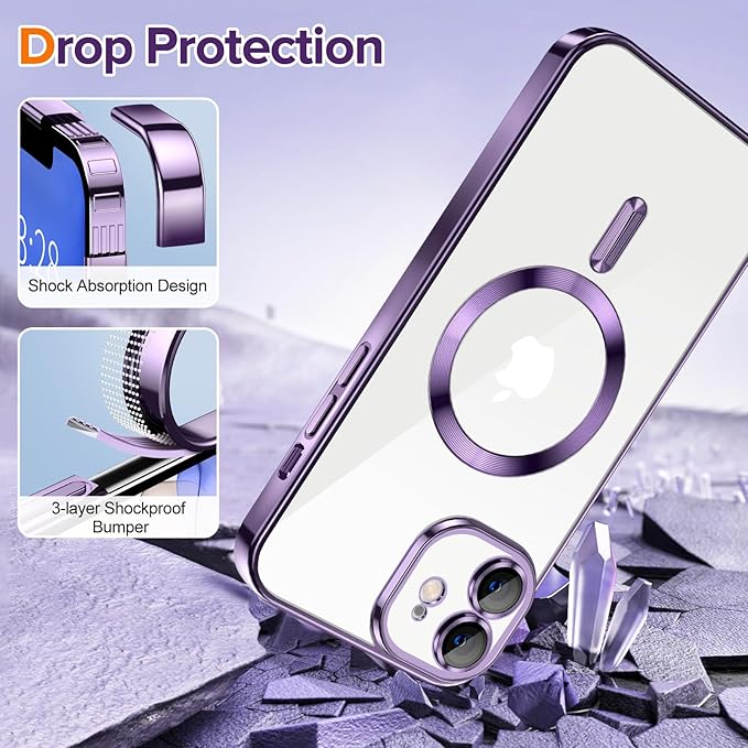 Hython Magnetic Clear for iPhone 11 Case with Camera Lens Protector [Compatible with MagSafe] Luxury Plating Edge Slim Soft TPU Cover Protective Phone Case for iPhone 11 6.1", Deep Purple