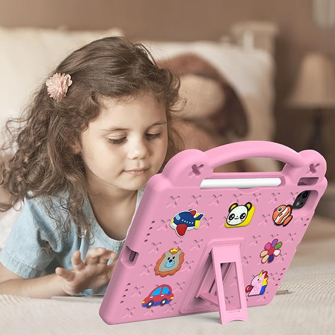 for Apple iPad Air 11 inch Kids Case M3/M2 (2025/2024) Slim Folding Stand Cover with Pencil Holder/Handle/Kickstand Cute DIY Lightweight Cute Soft EVA Foam Shockproof Tablet Cover, Pink Bear