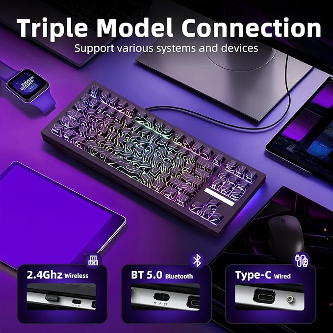 ZORNHER ZH870 Wireless Gaming Mechanical Keyboard,80% Black Custom Creamy Sound Keyboard with Lighted Up Black Topographic Keycaps,Creamy Sounding Linear Switches,Hot-Swappable,RGB Backlit