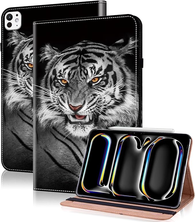 Case for iPad Pro 13 inch (M5/M4) 2025/2024, Premium Leather Folio Stand Protectors Cover with Auto Wake/Sleep, Pencil Holder, Hand Strap and Card Slots - Black Tiger