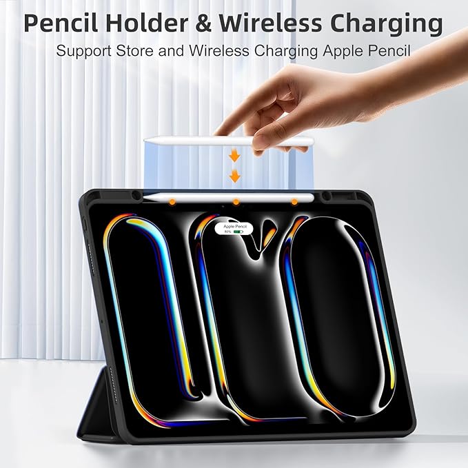 Compatible with iPad Pro 13 Inch Case M5 2025/ M4 2024, Soft TPU Back Cover for iPad 13 Pro Case, with Pencil Pro & (USB-C) Holder, Trifold Stand, Auto Wake/Sleep, Black