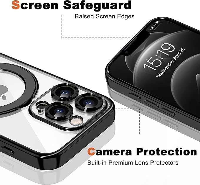 Compatible with iPhone 12 Pro Max Case with Invisible Magnetic Ring Stand [Compatible with Mag-Safe] [Full Camera Lens Protector] Plating Clear Phone Case for iPhone 12 Pro Max 6.7", Black