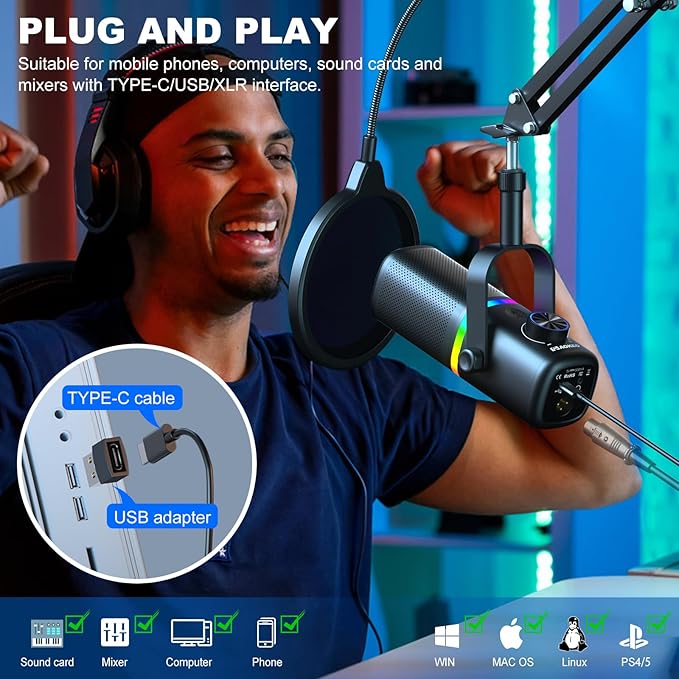 Aokeo AK-10 USB Gaming Microphone Wtih AK-35 Arm, Condenser Microphone for PC/MAC/PS4/PS5/Phone-Cardioid Mic with RGB Lighting