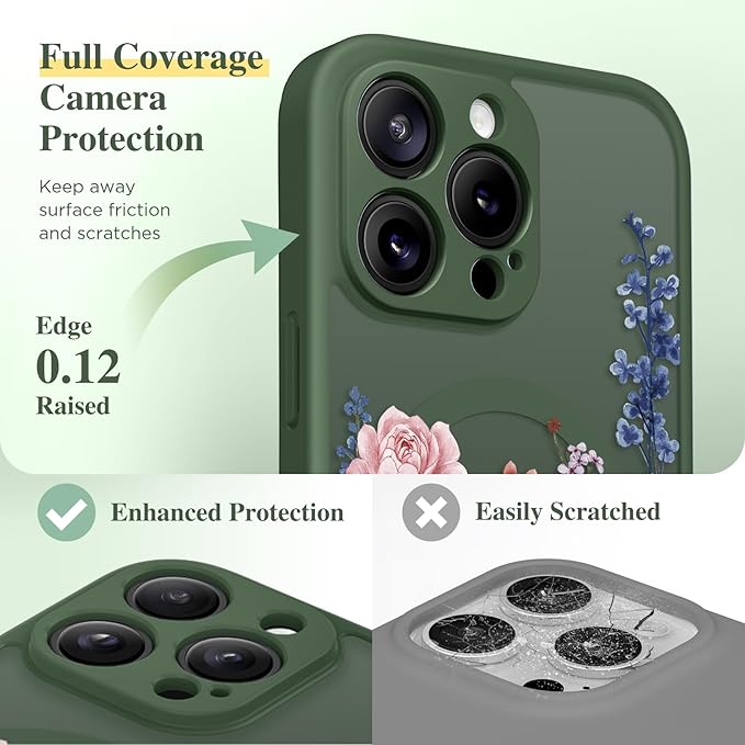 GVIEWIN for iPhone 16 Pro Case Compatible with MagSafe, [Military Grade Protection] [Screen Protector] Full Camera Protection Floral Translucent Women Magnetic Phone Case, Lush Garden/Forest Green