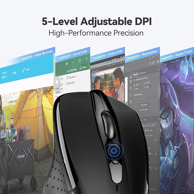 TECKNET Wireless Mouse, 2.4G Ergonomic Optical Mouse, Computer Mouse for Laptop, PC, Computer, Chromebook, Notebook, 6 Buttons, 24 Months Battery Life, 2600 DPI, 5 Adjustment Levels - Black