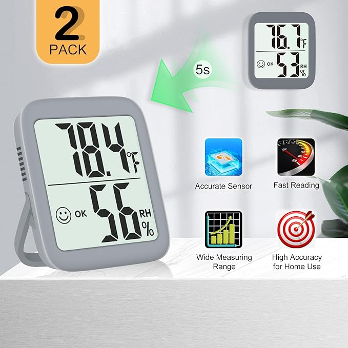 Antonki 2 Pack Room Thermometer for Home, Hygrometer Indoor Humidity Meter Gauge, Digital Temperature and Humidity Monitor Sensor for House, Terrarium, Incubator, Greenhouse - Battery Included