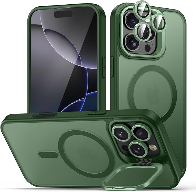 TOBOVON for iPhone 16 Pro Max Case, Compatible with MagSafe, Built-in Camera Ring Stand, with Individual Camera Cover, Translucent Matte Military-Grade Drop Protection Magnetic Case, Green