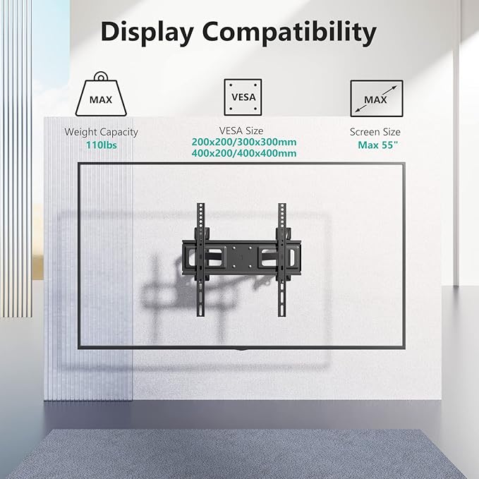 WALI Corner TV Wall Mount for 26-55 inch Flat Curved TVs, Full Motion Corner Bracket for LED, LCD, OLED Screens up to 110lbs, 400x400mm Mounting Holes, Black