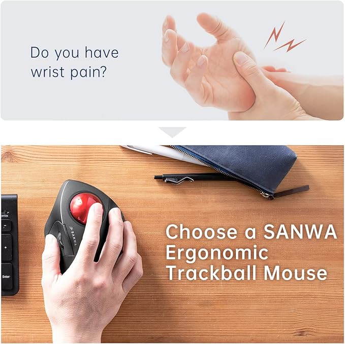 SANWA Wired Ergonomic Trackball Mouse, Optical Rollerball Mice, Programmable Silent Buttons, 44mm Trackball, 600/800/1200/1600 Adjustable DPI, Compatible with MacBook, Laptop, Windows, macOS