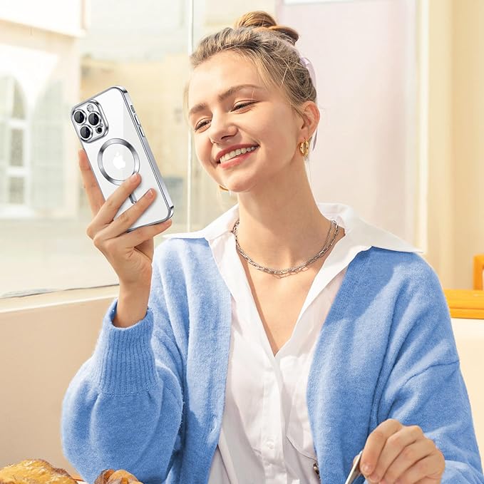 Hython Magnetic Clear for iPhone 14 Pro Max Case with Camera Lens Protector [Compatible with MagSafe] Plating Edge Slim Soft TPU Cover Protective Phone Case for iPhone 14 Pro Max 6.7", Silver