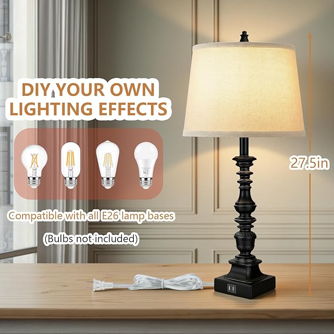 Set of 2 Farmhouse Table Lamps, 27.5'' Tall Rustic Bedside Lamps with 2 USB Ports, Beige Fabric Shade Nightstand Lamp, White Resin Desk Lamp with Rotary Switch for Living Room, Bedroom, Office