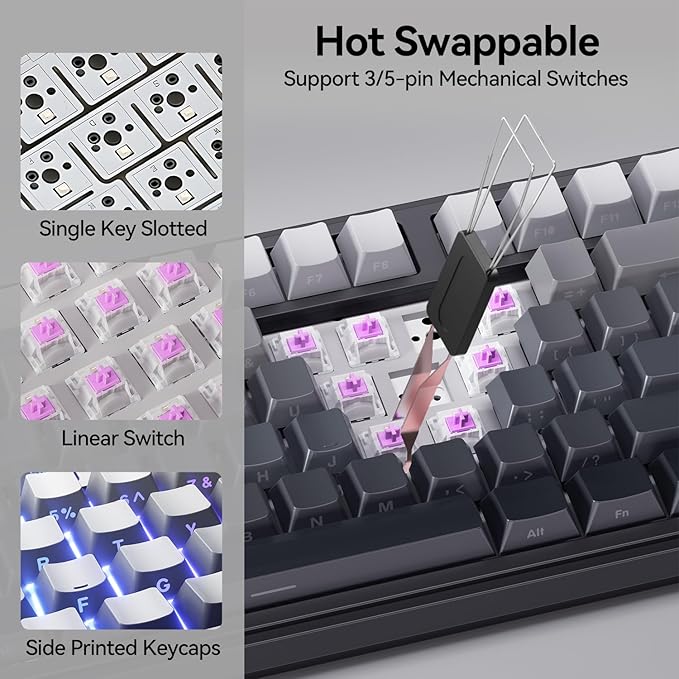 AUSDOM H87 Wireless Mechanical Keyboard, 10000mAh Battery Gasket Hot Swappable Custom Keyboard with RGB Backlit, Side Printed PBT Keycaps, Tri-Mode BT5.3/2.4GHz/USB-C Gaming Keyboards, Black Grey