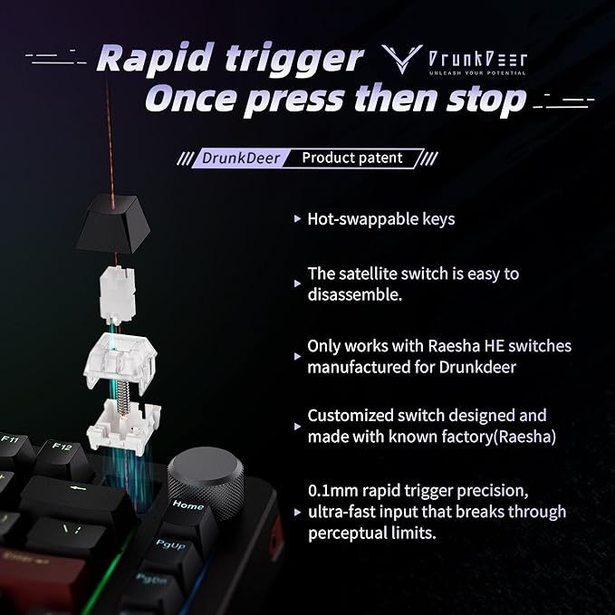 DrunkDeer A75 Pro Magnetic Switch Keyboard Rapid Trigger Mechanical Gaming Keyboard Adjustable Actuation Hall Switches PBT Keycap RGB Compact TKL 82Keys USB Wired with Knob
