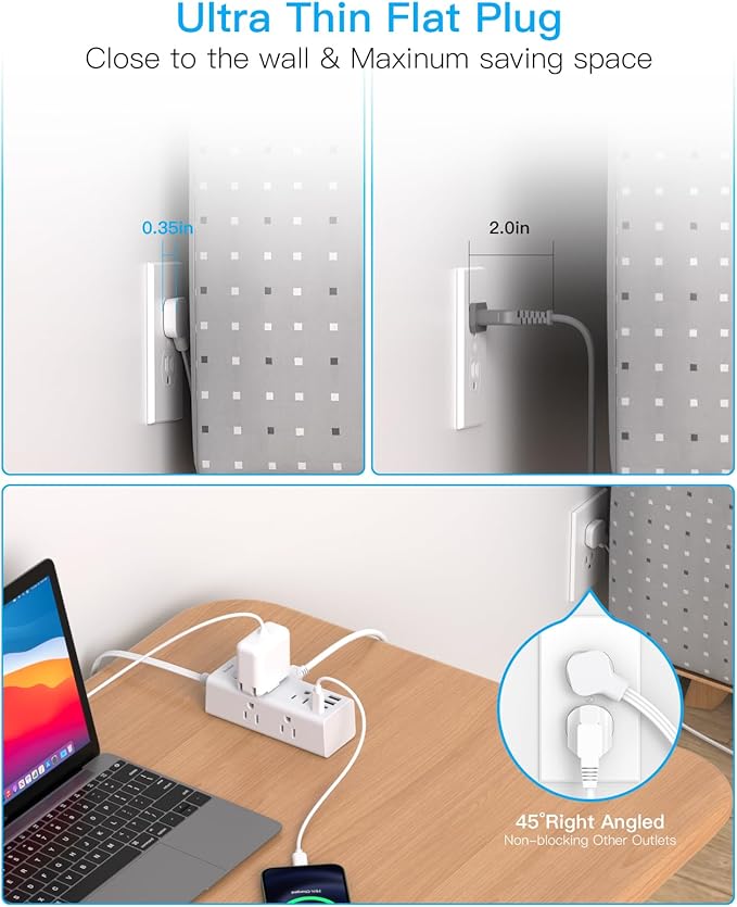 5Ft Extension Cord with Multiple Outlets, Flat Plug Power Strip Surge Protector with 5 Ft Long Cord, 6 Outlet 3 USB Ports (1 USB C), Multi Outlet Wall Plug for Travel, College, Dorm Room Essentials