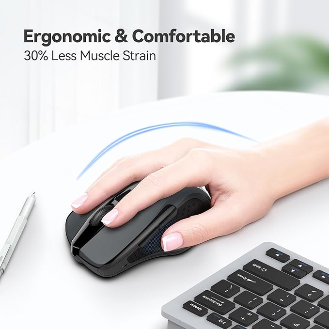 TECKNET Wireless Mouse, 2.4G Ergonomic Optical Mouse, Computer Mouse for Laptop, PC, Computer, Chromebook, Notebook, 6 Buttons, 24 Months Battery Life, 2600 DPI, 5 Adjustment Levels - Grey