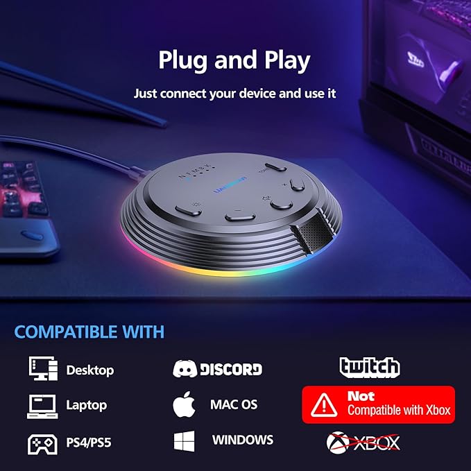 LIANGSTAR Gaming USB Microphone with 5 Voice Changes, Mute Button, Desktop Podcast Mic, Volume Control, RGB Condenser Computer Microphone for PC Gamer, YouTube, Streaming, Conference, Class