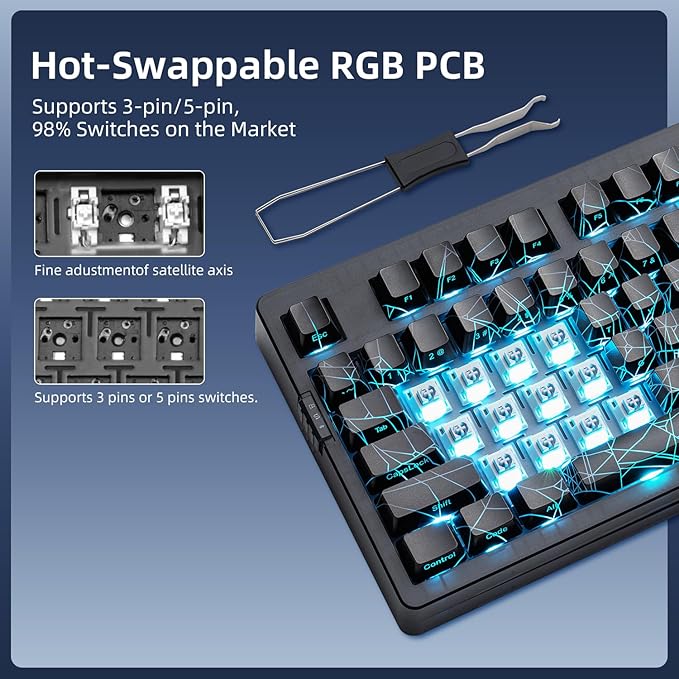 ZORNHER ZH980 Mechanical Keyboard Wireless,95% Creamy Keyboard with Number Pad,Hot-Swappable Custom Gaming Keyboard,Shine Through Spider Web PC,Loud Clicky Blue Switches
