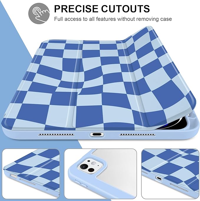 TWOLSKOO Case for iPad Pro 11-inch (M5 2025 / M4 2024), Clear Acrylic Back with TPU Bumper, Pencil Holder, Trifold Stand, Auto Sleep/Wake, Blue Wavy Checker