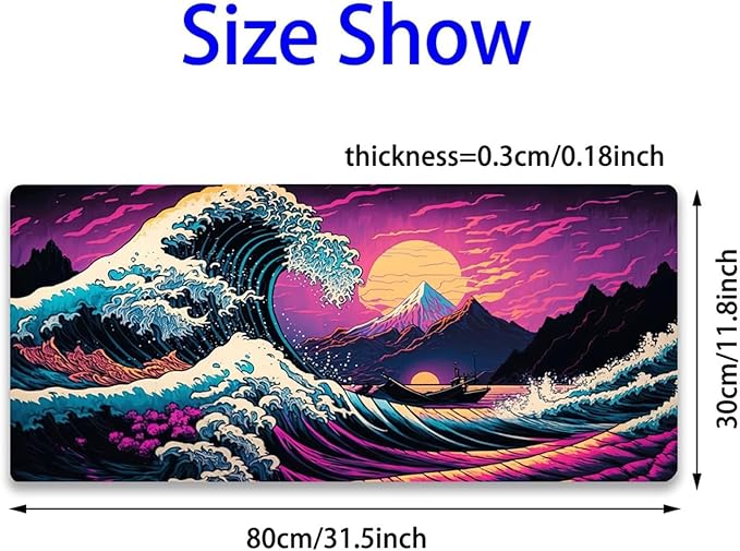 Simpkeely Japanese Sea Wave Mouse Pad, Blacklight Kanagawa Waterproof Gaming Extended Large Desk Pad Long Computer Keyboard Big Mouse Mat with 3mm Non-Slip Rubber Base for Office Home - 31.5" x 11.8"