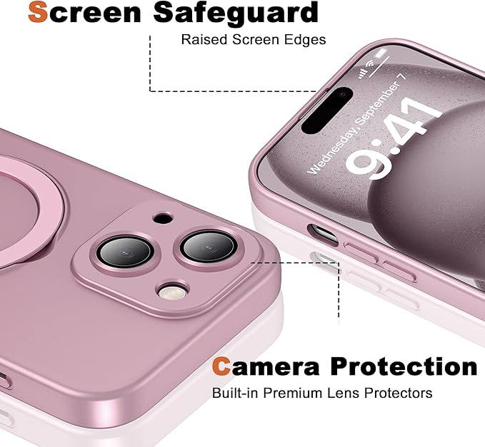 Compatible with iPhone 15 Plus Case with Magnetic Ring Stand [Compatible with Mag-Safe] [Full Camera Lens Protector] Soft Plating Phone Case for iPhone 15 Plus 6.7", Rose Gold