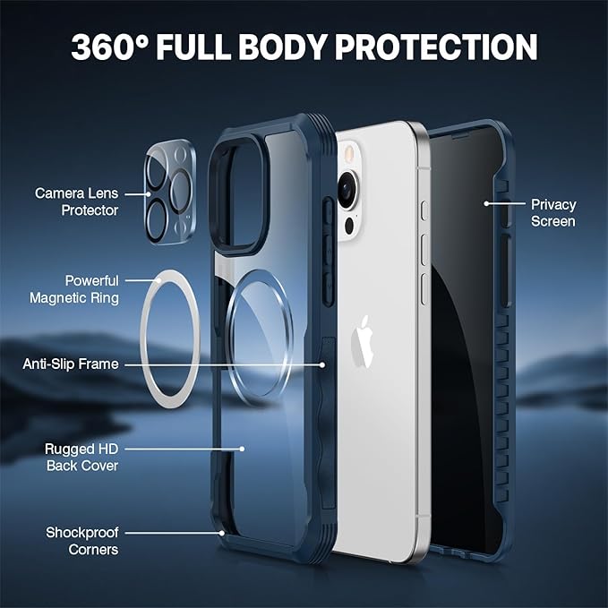 CENHUFO Magnetic Privacy for iPhone 16 Pro Max Case [Compatible with Magsafe] Full Body Phone Case Built-in 9H Tempered Glass Privacy Screen Protector Camera Lens Protector, Shockproof Cover -Blue