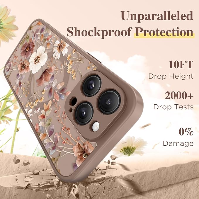 GVIEWIN for iPhone 16 Pro Max Case Compatible with MagSafe, [Military Grade Protection] [Screen Protector] Full Camera Protection Floral Translucent Women Magnetic Phone Case, Corn Poppy/Brown