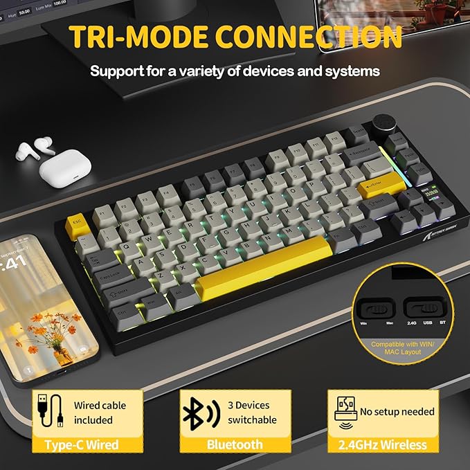 ATTACK SHARK X820 Ultra 75% Wireless Gaming Mechanical Keyboard Hot-Swappable Gasket Mount RGB Backlit BT/2.4G/Wired Custom Keyboard with Smart TFT Display&Knob QMK Driver-Star Black&Shark Switch