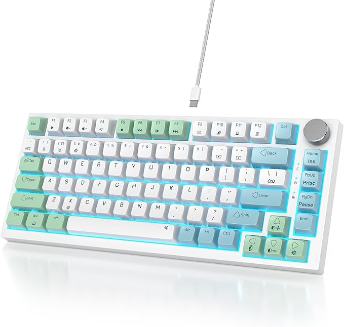 Owpkeenthy Wired 75% Hot Swappable Mechanical Keyboard, Gasket Mounted TKL 82 Key Gaming Keyboard Linear Red Switch RGB Backlit with Volume Knob, for PC Laptop (82 Mint)