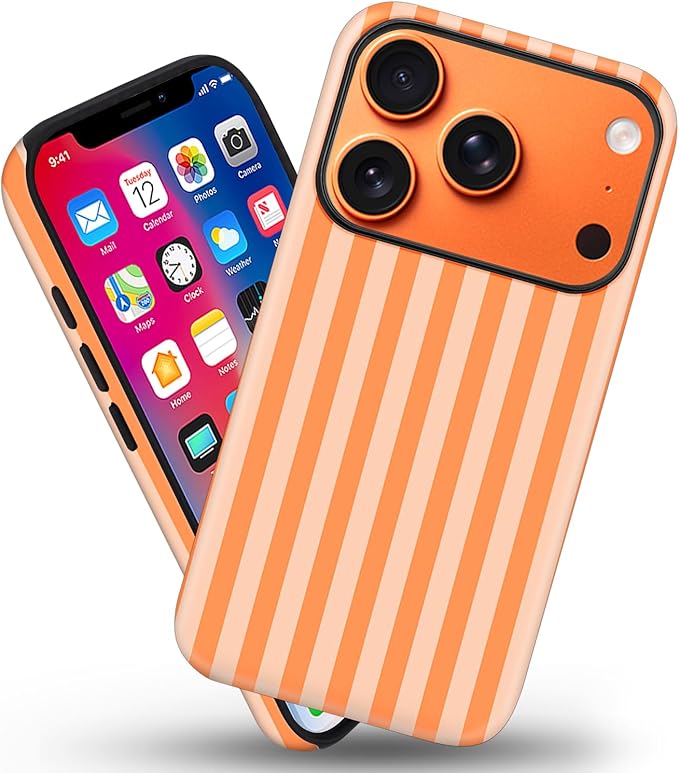 Magnetic for iPhone 17 Pro Max Case Cute Stripes Phone Case, Shockproof Slim TPU and Hard PC Protective Phone Cover Compatible with MagSafe Designed for Women Girls, Orange