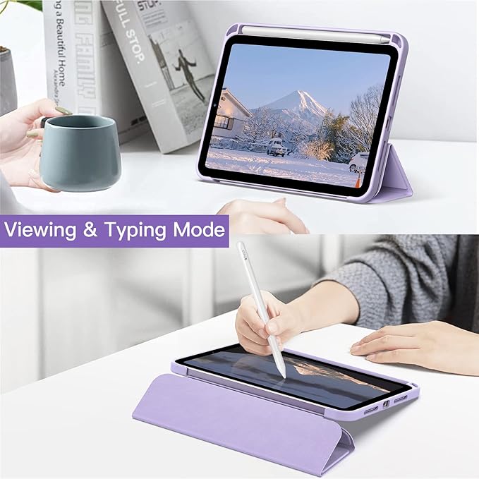 JETech Case for iPad mini (A17 Pro, 2024 Model, 7th Generation) / mini 6 (2021 Model, 6th Generation) with Pencil Holder, Clear Back Shell Slim Stand Tablet Cover, Auto Wake/Sleep (Purple)