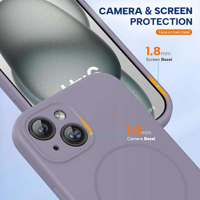 Miracase Magnetic for iPhone 15 Case, [Soft Anti-Scratch Microfiber Lining], Compatible with MagSafe, Liquid Silicone Case Shockproof Drop Protection Phone Case for 15,Lavender Gray